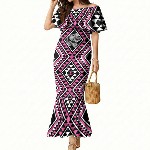 New Zealand Mawhero Taniko Motifs Mermaid Dress Maori Poi Dance Costume Inspired