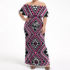 New Zealand Mawhero Taniko Motifs Off Shoulder Maxi Dress Maori Poi Dance Costume Inspired