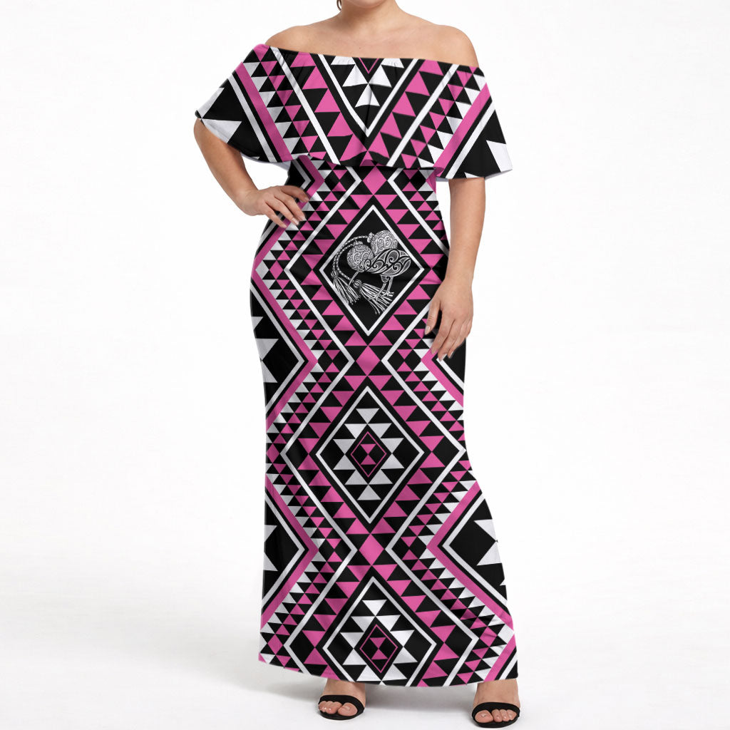New Zealand Mawhero Taniko Motifs Off Shoulder Maxi Dress Maori Poi Dance Costume Inspired