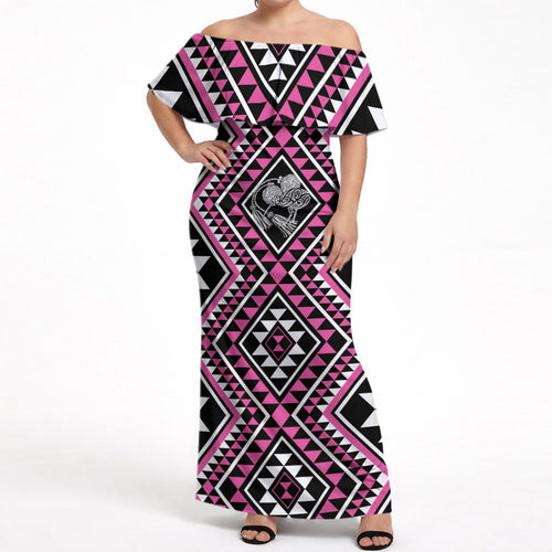 New Zealand Mawhero Taniko Motifs Off Shoulder Maxi Dress Maori Poi Dance Costume Inspired