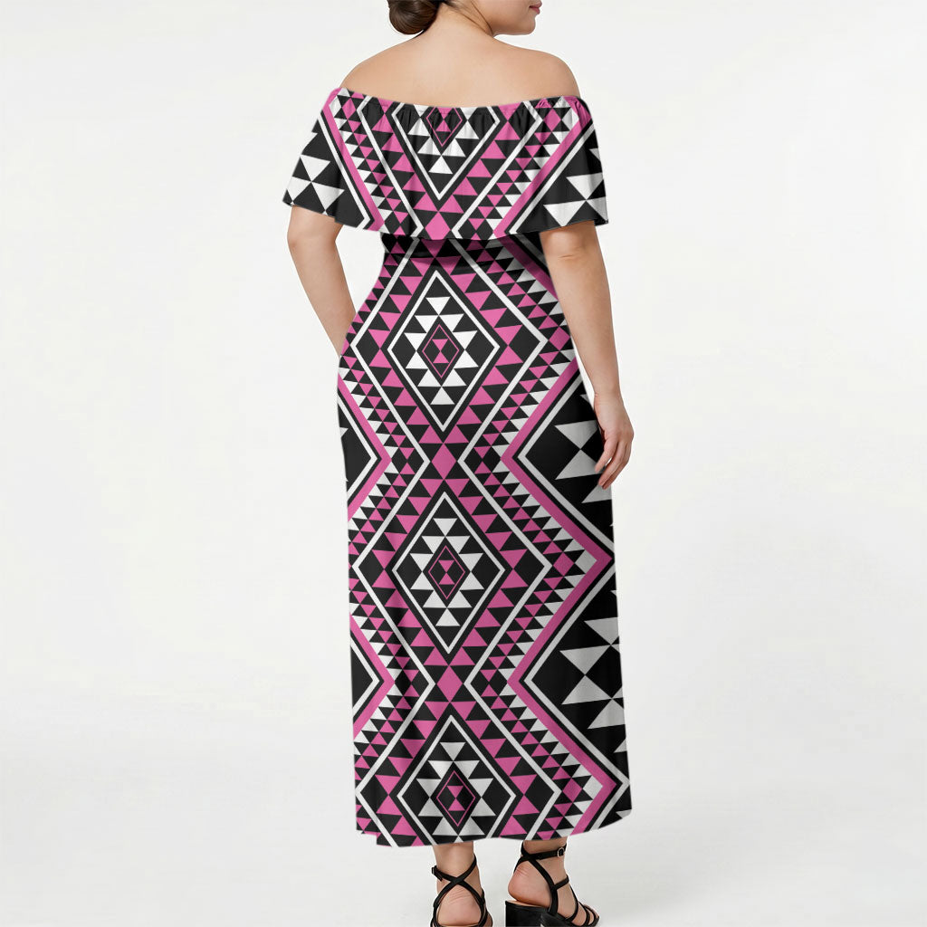 New Zealand Mawhero Taniko Motifs Off Shoulder Maxi Dress Maori Poi Dance Costume Inspired