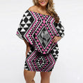 New Zealand Mawhero Taniko Motifs Off Shoulder Short Dress Maori Poi Dance Costume Inspired