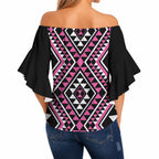 New Zealand Mawhero Taniko Motifs Off Shoulder Wrap Waist Top Maori Poi Dance Costume Inspired