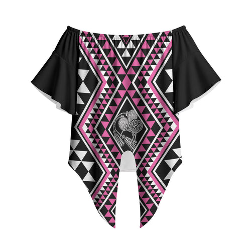 New Zealand Mawhero Taniko Motifs Off Shoulder Wrap Waist Top Maori Poi Dance Costume Inspired