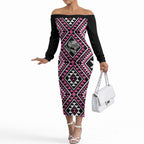 New Zealand Mawhero Taniko Motifs Off The Shoulder Long Sleeve Dress Maori Poi Dance Costume Inspired