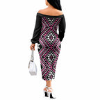 New Zealand Mawhero Taniko Motifs Off The Shoulder Long Sleeve Dress Maori Poi Dance Costume Inspired