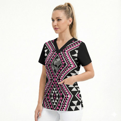 New Zealand Mawhero Taniko Motifs Scrub Top Maori Poi Dance Costume Inspired