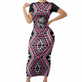 New Zealand Mawhero Taniko Motifs Short Sleeve Bodycon Dress Maori Poi Dance Costume Inspired
