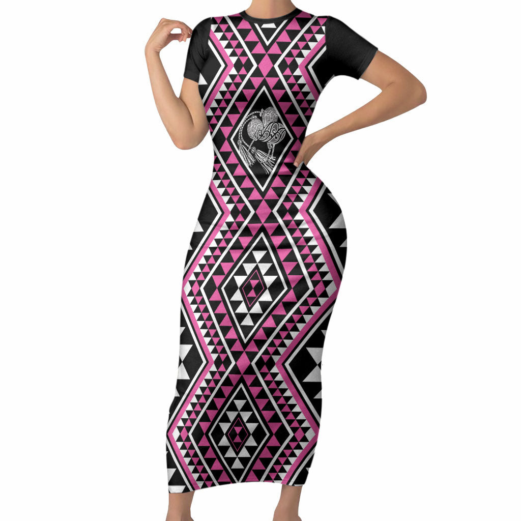New Zealand Mawhero Taniko Motifs Short Sleeve Bodycon Dress Maori Poi Dance Costume Inspired