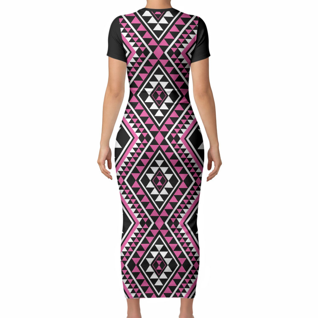 New Zealand Mawhero Taniko Motifs Short Sleeve Bodycon Dress Maori Poi Dance Costume Inspired