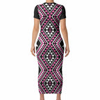 New Zealand Mawhero Taniko Motifs Short Sleeve Bodycon Dress Maori Poi Dance Costume Inspired