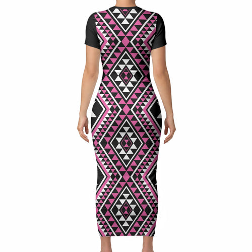 New Zealand Mawhero Taniko Motifs Short Sleeve Bodycon Dress Maori Poi Dance Costume Inspired
