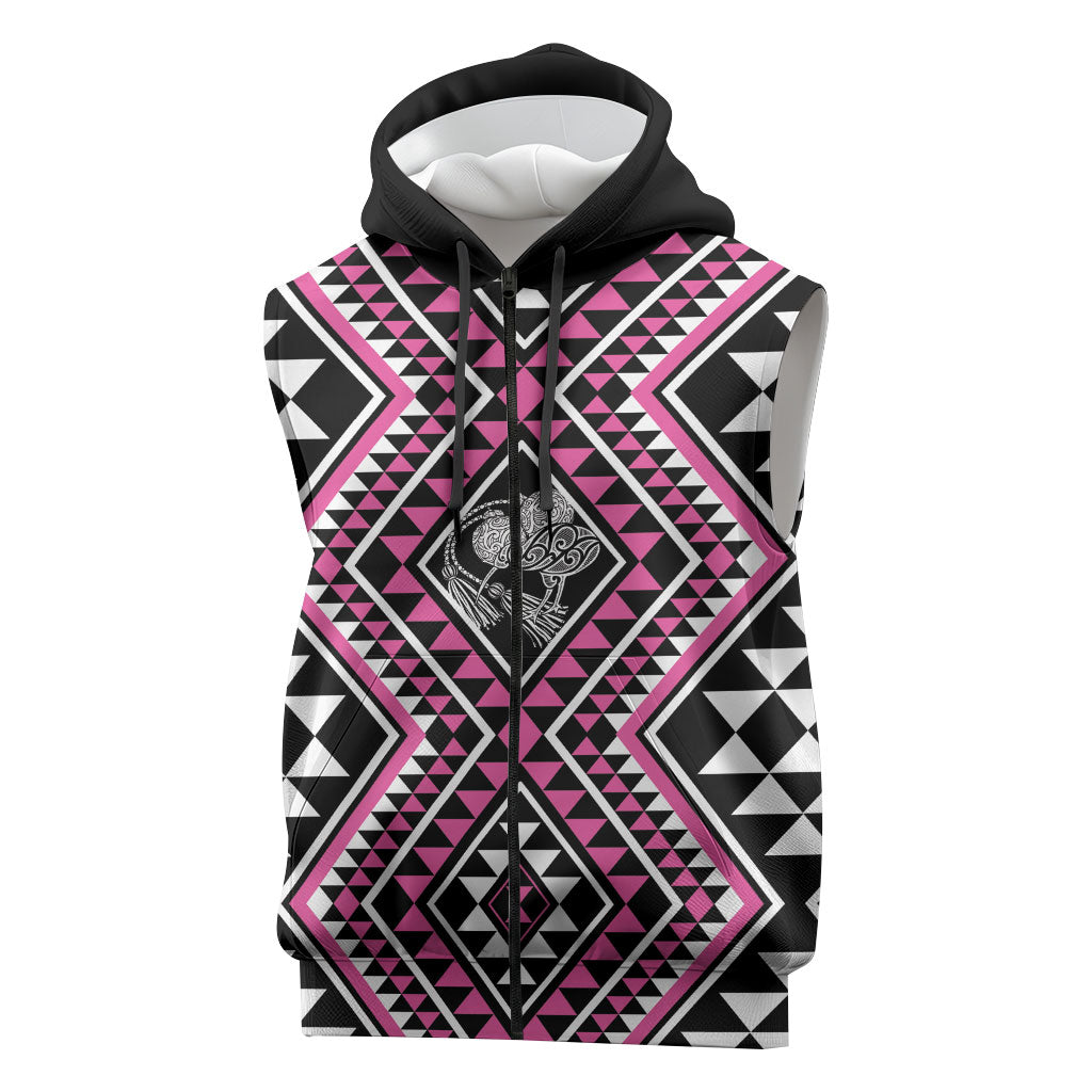 New Zealand Mawhero Taniko Motifs Sleeveless Zip Hoodie Maori Poi Dance Costume Inspired