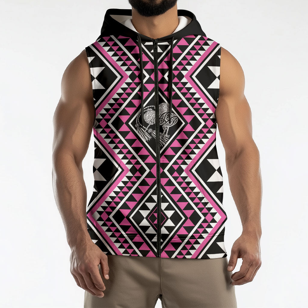 New Zealand Mawhero Taniko Motifs Sleeveless Zip Hoodie Maori Poi Dance Costume Inspired