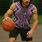 New Zealand Mawhero Taniko Motifs Sleeveless Zip Hoodie Maori Poi Dance Costume Inspired