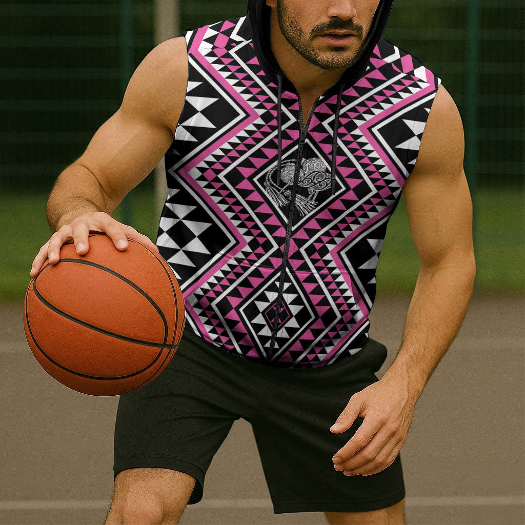 New Zealand Mawhero Taniko Motifs Sleeveless Zip Hoodie Maori Poi Dance Costume Inspired