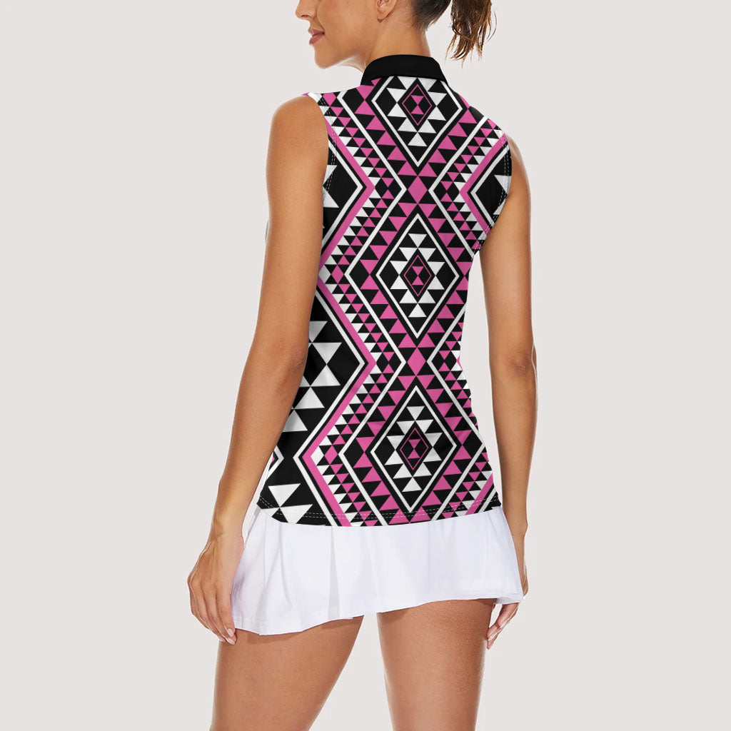 New Zealand Mawhero Taniko Motifs Women Sleeveless Polo Shirt Maori Poi Dance Costume Inspired