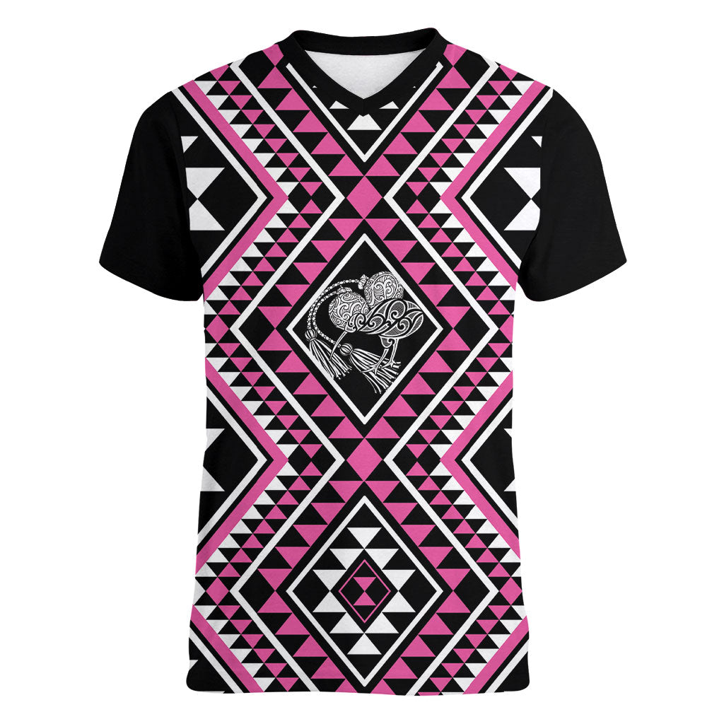 New Zealand Mawhero Taniko Motifs Women V-Neck T-Shirt Maori Poi Dance Costume Inspired