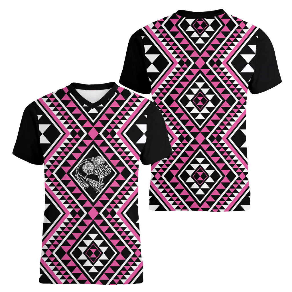 New Zealand Mawhero Taniko Motifs Women V-Neck T-Shirt Maori Poi Dance Costume Inspired
