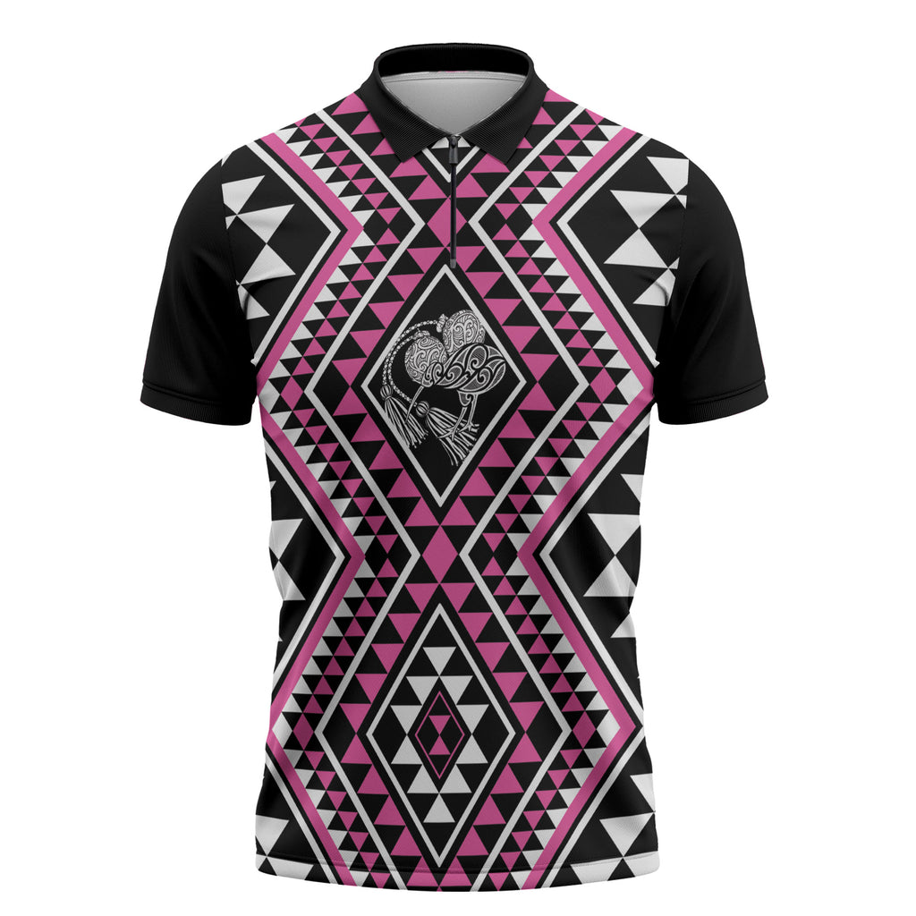 New Zealand Mawhero Taniko Motifs Zipper Polo Shirt Maori Poi Dance Costume Inspired