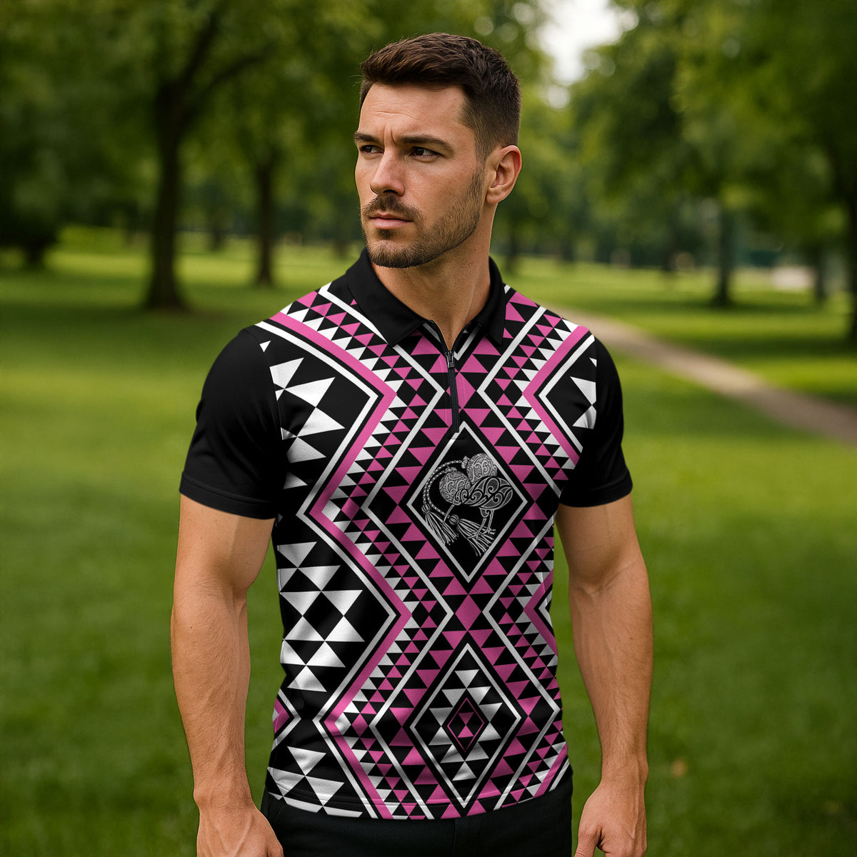 New Zealand Mawhero Taniko Motifs Zipper Polo Shirt Maori Poi Dance Costume Inspired
