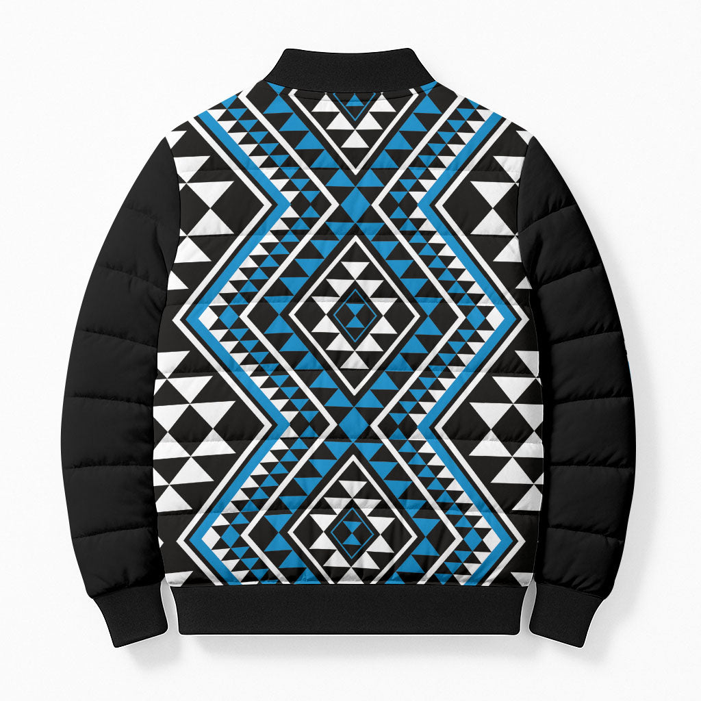 New Zealand Kikorangi Taniko Motifs Bomber Puffer Jacket Maori Poi Dance Costume Inspired