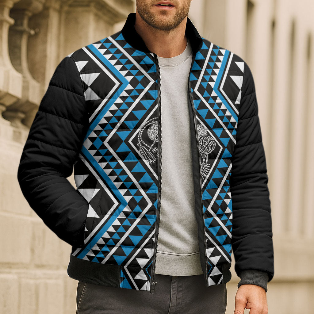 New Zealand Kikorangi Taniko Motifs Bomber Puffer Jacket Maori Poi Dance Costume Inspired