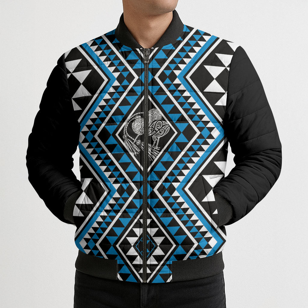 New Zealand Kikorangi Taniko Motifs Bomber Puffer Jacket Maori Poi Dance Costume Inspired