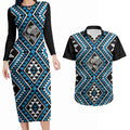 New Zealand Kikorangi Taniko Motifs Couples Matching Long Sleeve Bodycon Dress and Hawaiian Shirt Maori Poi Dance Costume Inspired