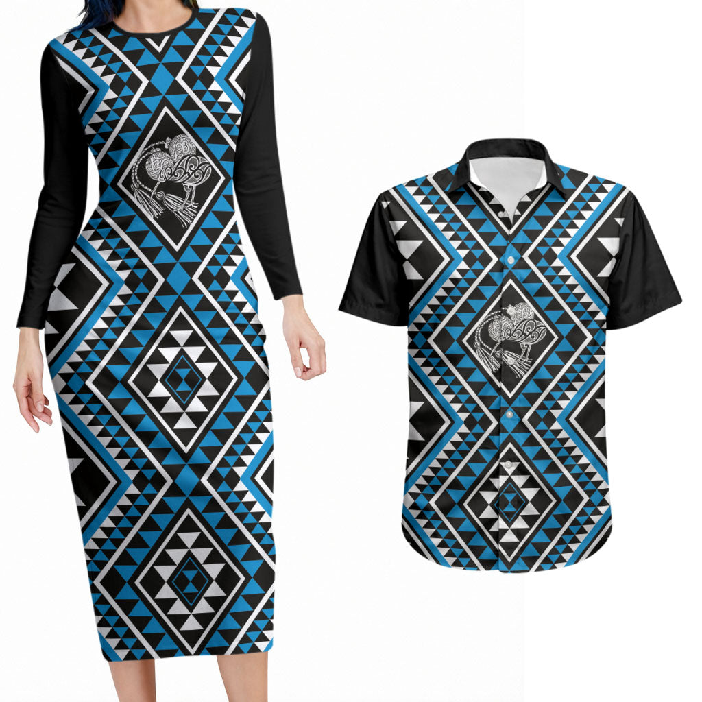 New Zealand Kikorangi Taniko Motifs Couples Matching Long Sleeve Bodycon Dress and Hawaiian Shirt Maori Poi Dance Costume Inspired
