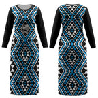 New Zealand Kikorangi Taniko Motifs Couples Matching Long Sleeve Bodycon Dress and Hawaiian Shirt Maori Poi Dance Costume Inspired