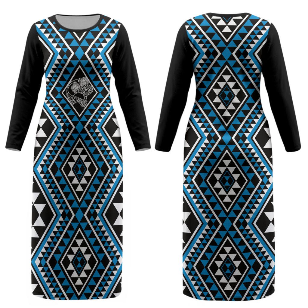 New Zealand Kikorangi Taniko Motifs Couples Matching Long Sleeve Bodycon Dress and Hawaiian Shirt Maori Poi Dance Costume Inspired