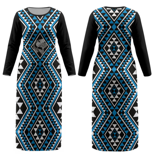 New Zealand Kikorangi Taniko Motifs Couples Matching Long Sleeve Bodycon Dress and Hawaiian Shirt Maori Poi Dance Costume Inspired