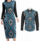 New Zealand Kikorangi Taniko Motifs Couples Matching Long Sleeve Bodycon Dress and Long Sleeve Button Shirt Maori Poi Dance Costume Inspired