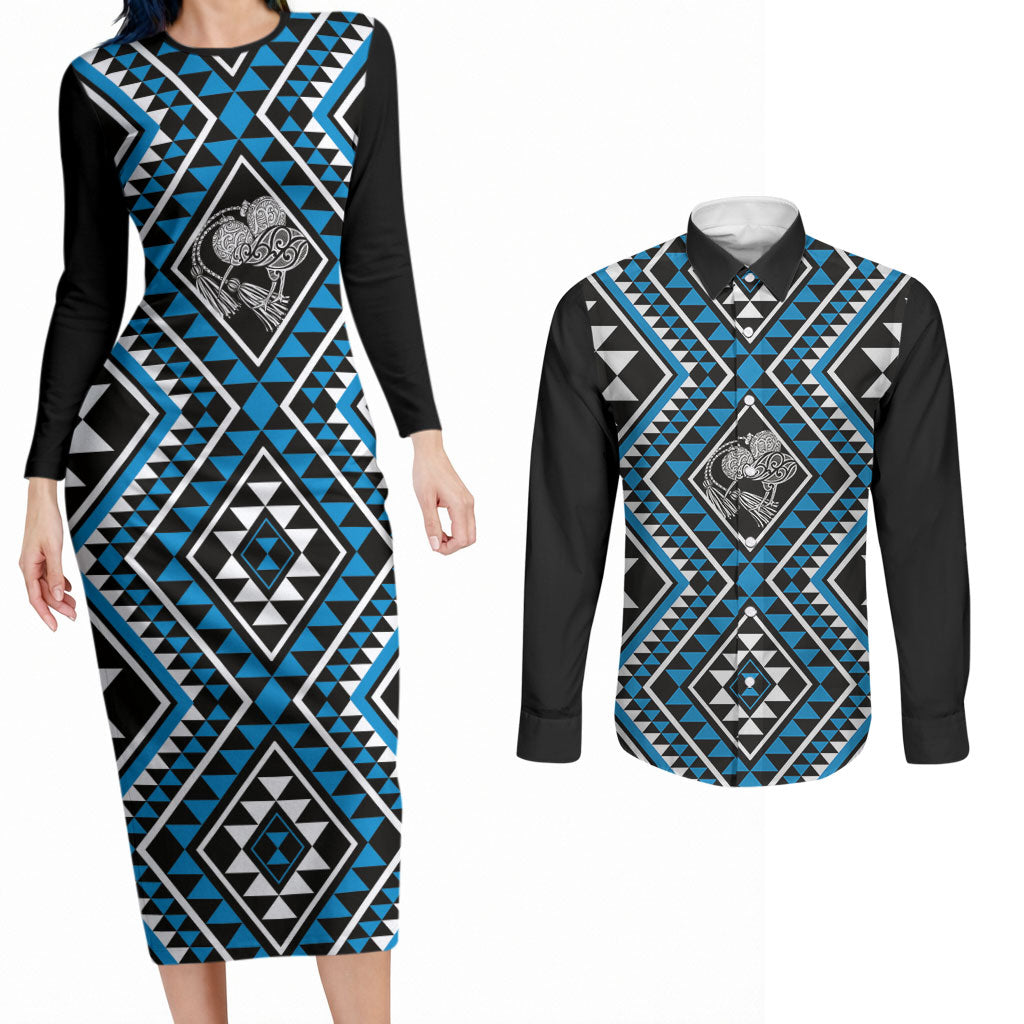 New Zealand Kikorangi Taniko Motifs Couples Matching Long Sleeve Bodycon Dress and Long Sleeve Button Shirt Maori Poi Dance Costume Inspired