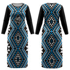 New Zealand Kikorangi Taniko Motifs Couples Matching Long Sleeve Bodycon Dress and Long Sleeve Button Shirt Maori Poi Dance Costume Inspired