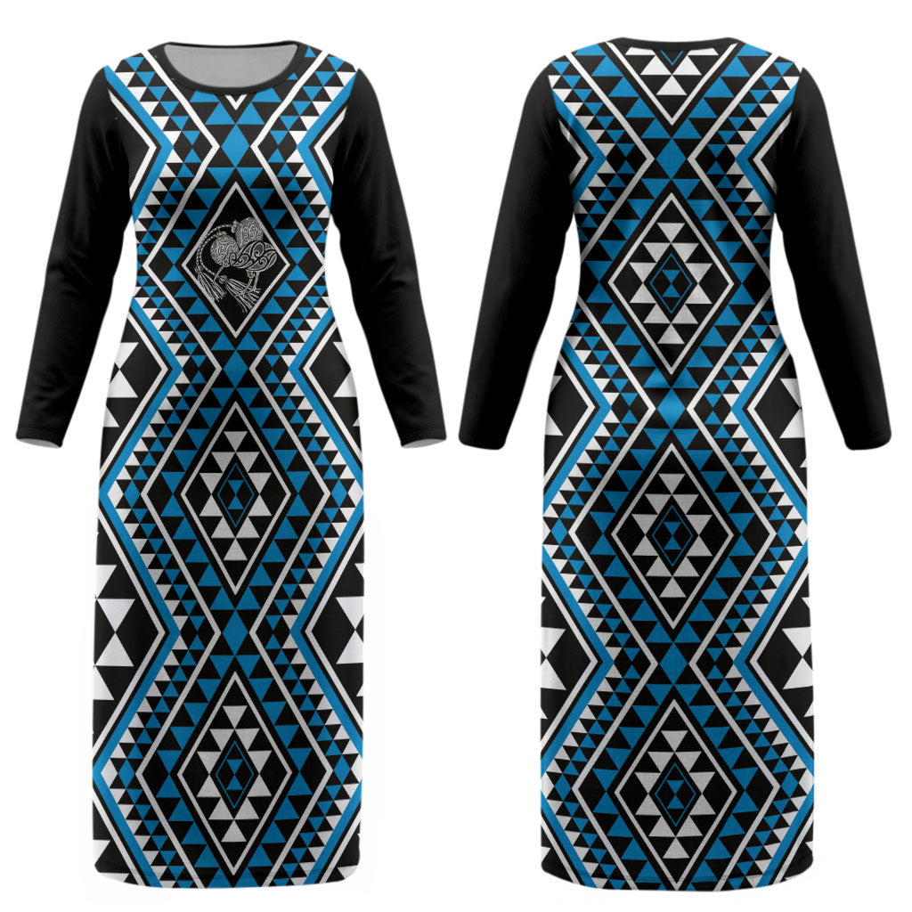 New Zealand Kikorangi Taniko Motifs Couples Matching Long Sleeve Bodycon Dress and Long Sleeve Button Shirt Maori Poi Dance Costume Inspired