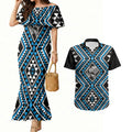 New Zealand Kikorangi Taniko Motifs Couples Matching Mermaid Dress and Hawaiian Shirt Maori Poi Dance Costume Inspired