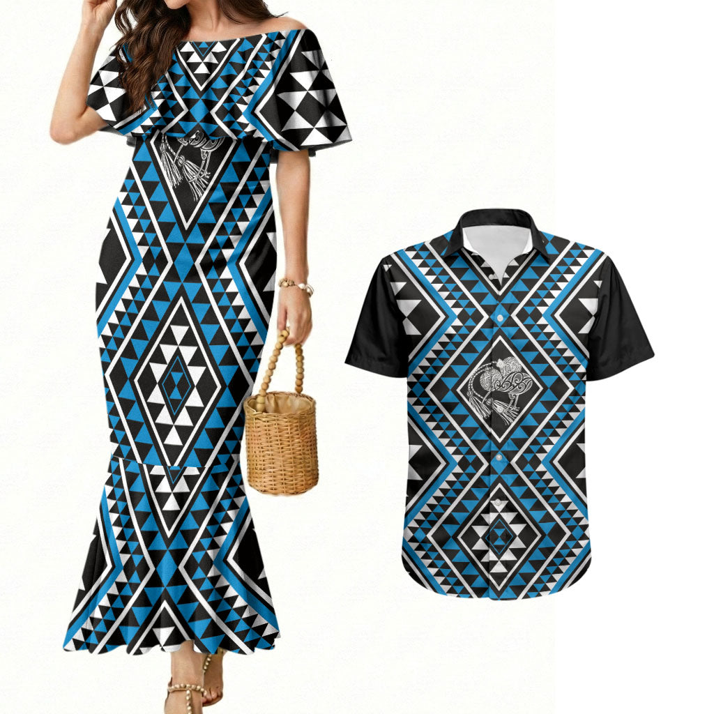 New Zealand Kikorangi Taniko Motifs Couples Matching Mermaid Dress and Hawaiian Shirt Maori Poi Dance Costume Inspired
