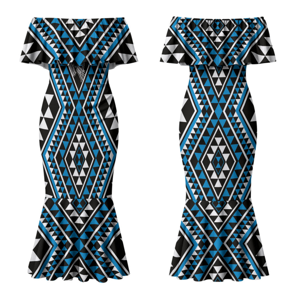 New Zealand Kikorangi Taniko Motifs Couples Matching Mermaid Dress and Hawaiian Shirt Maori Poi Dance Costume Inspired