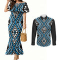 New Zealand Kikorangi Taniko Motifs Couples Matching Mermaid Dress and Long Sleeve Button Shirt Maori Poi Dance Costume Inspired