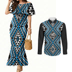 New Zealand Kikorangi Taniko Motifs Couples Matching Mermaid Dress and Long Sleeve Button Shirt Maori Poi Dance Costume Inspired