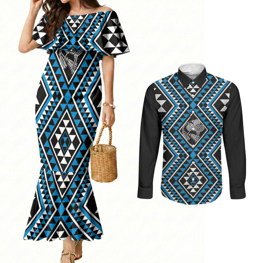 New Zealand Kikorangi Taniko Motifs Couples Matching Mermaid Dress and Long Sleeve Button Shirt Maori Poi Dance Costume Inspired