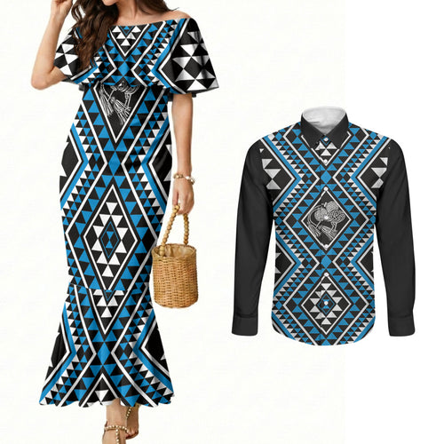 New Zealand Kikorangi Taniko Motifs Couples Matching Mermaid Dress and Long Sleeve Button Shirt Maori Poi Dance Costume Inspired