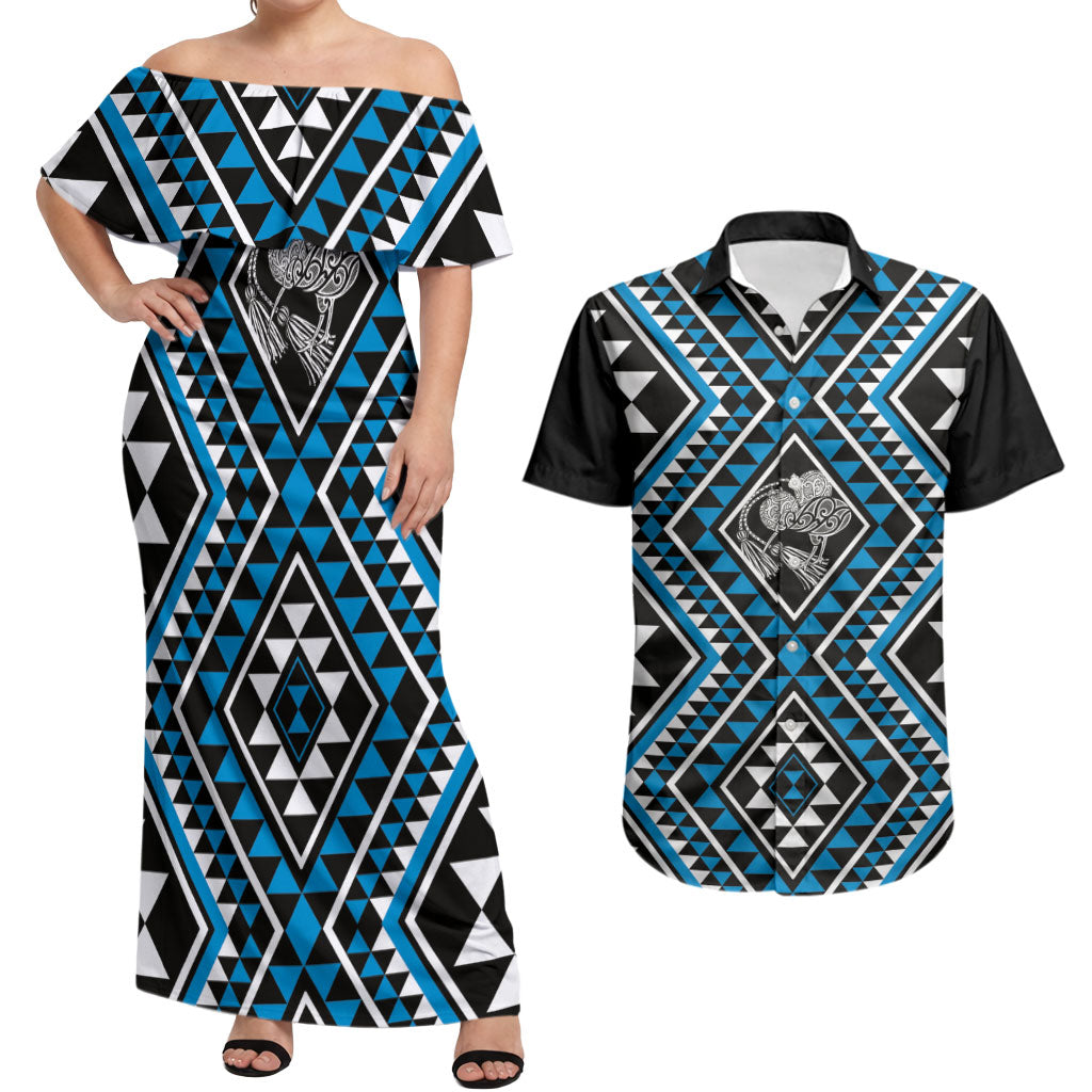 New Zealand Kikorangi Taniko Motifs Couples Matching Off Shoulder Maxi Dress and Hawaiian Shirt Maori Poi Dance Costume Inspired