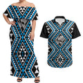 New Zealand Kikorangi Taniko Motifs Couples Matching Off Shoulder Maxi Dress and Hawaiian Shirt Maori Poi Dance Costume Inspired