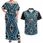 New Zealand Kikorangi Taniko Motifs Couples Matching Off Shoulder Maxi Dress and Hawaiian Shirt Maori Poi Dance Costume Inspired