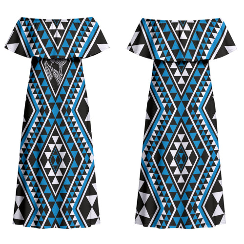 New Zealand Kikorangi Taniko Motifs Couples Matching Off Shoulder Maxi Dress and Hawaiian Shirt Maori Poi Dance Costume Inspired