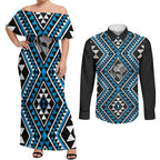 New Zealand Kikorangi Taniko Motifs Couples Matching Off Shoulder Maxi Dress and Long Sleeve Button Shirt Maori Poi Dance Costume Inspired