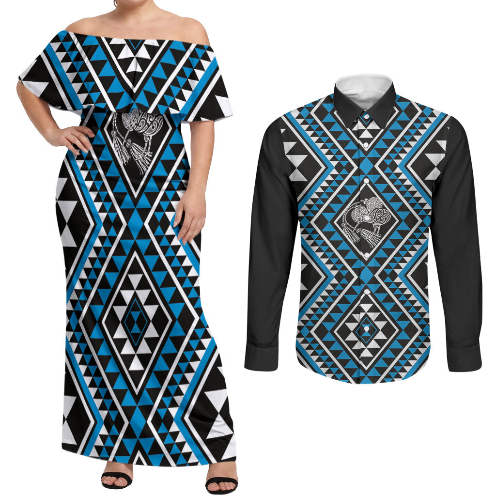 New Zealand Kikorangi Taniko Motifs Couples Matching Off Shoulder Maxi Dress and Long Sleeve Button Shirt Maori Poi Dance Costume Inspired
